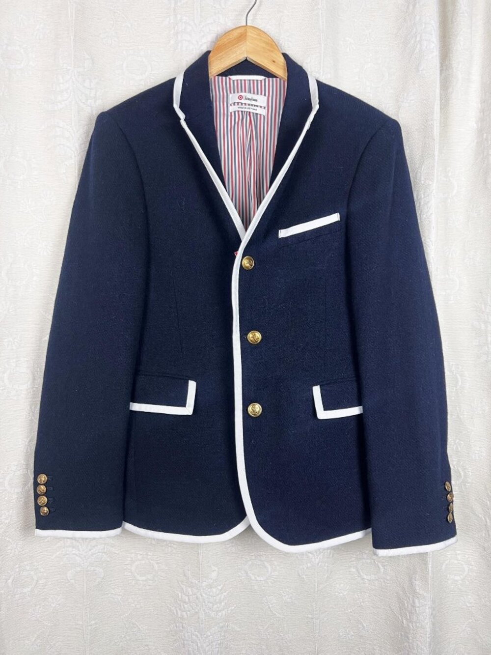 Thom Browne man's blue tweed wool blazer Target x Neiman Marcus academia Small